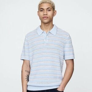 Gap Men's Open Weave Jaquard Sweater Large Striped Blue Short Sleeve Collar